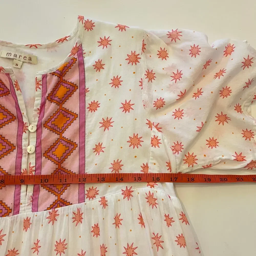 Marea Tiki Dress S Mini Starburst Aztec Print Beachy Coverup Boho Resort‎ White